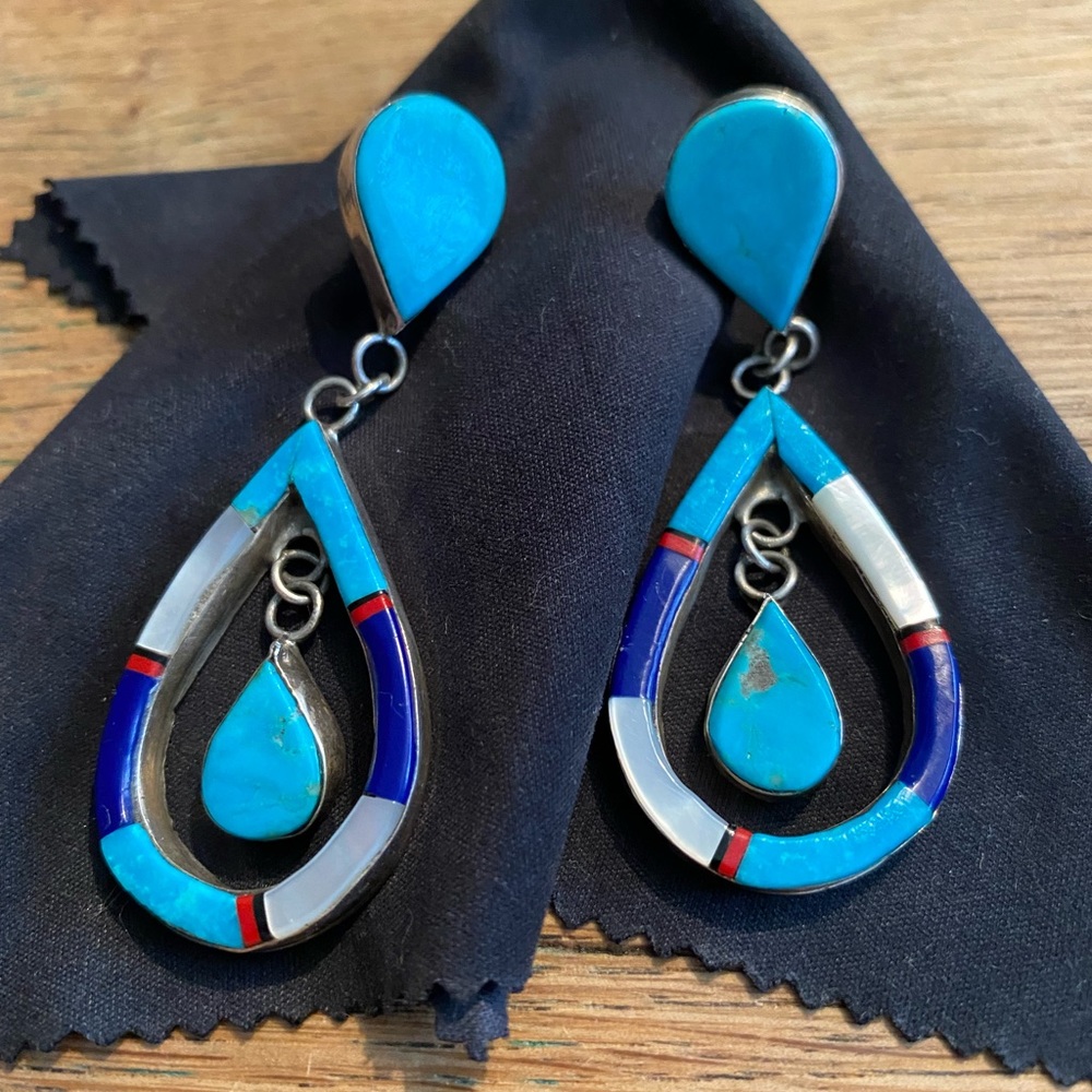 Sterling silver, turquoise, mother of Pearl, coral, and onyx inlay earrings